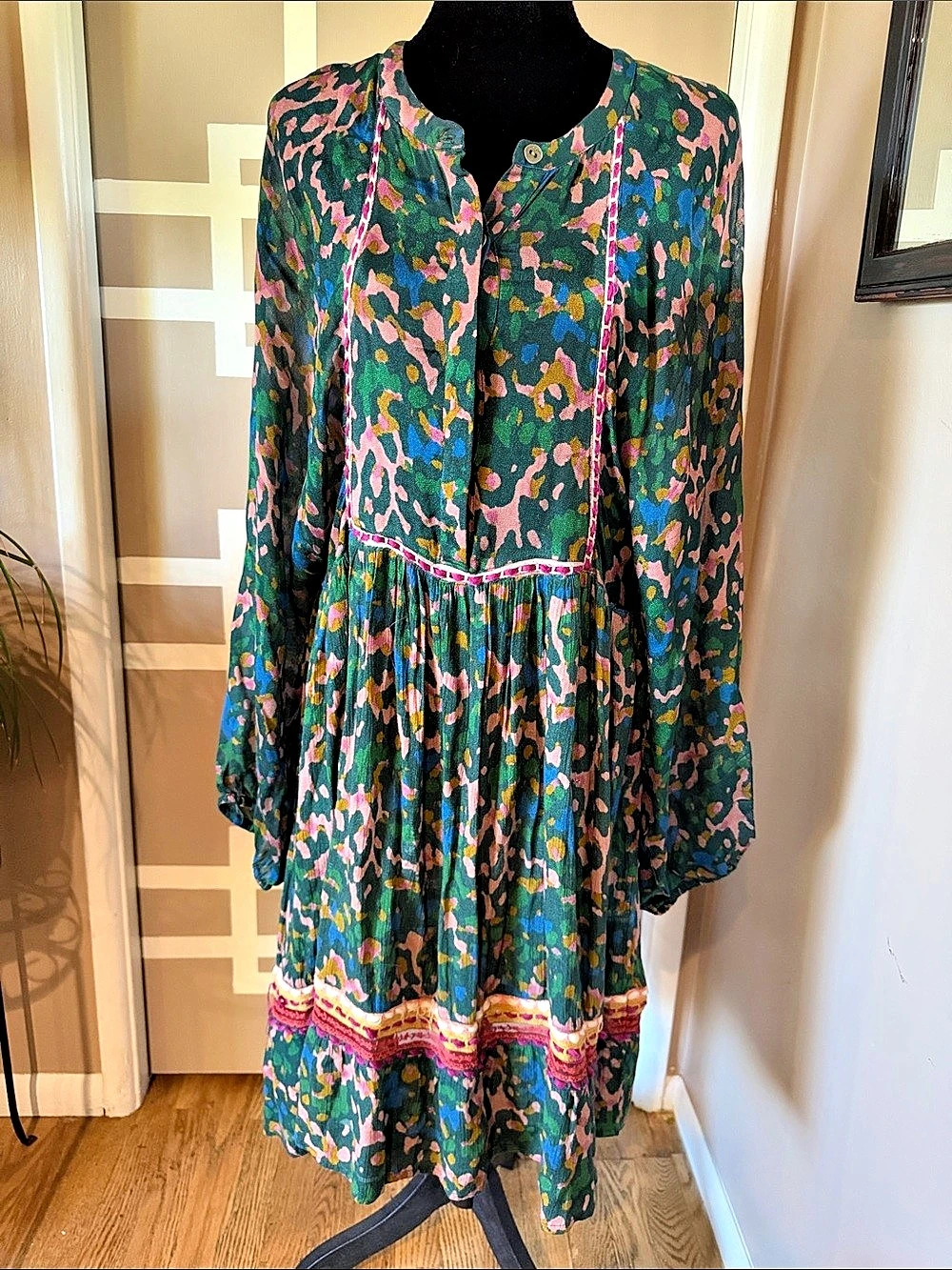 ANTHROPOLOGIE x Bl-nk London Veyra Printed Boho Embroidered Midi Dress Sz Small